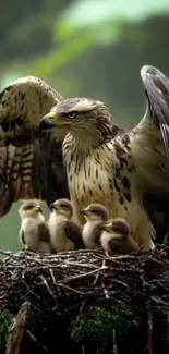 Eagle protecting its chicks in a nest, set in a lush green forest.