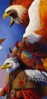 Fantasy warrior with eagle features in vibrant colors against mountains.