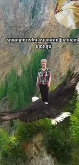 Person stands atop an eagle over a lush mountain landscape, embracing fantasy.