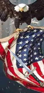 Eagle clutching American flag with sword, symbolizing strength and patriotism.