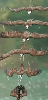 Eagle in flight sequence dives into water with nature backdrop.