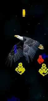 Eagle soaring through an abstract, colorful night sky with marine symbols.