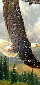 Majestic eagle flying through a rainy forest, captured on a mobile wallpaper.