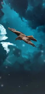 Eagle soaring through a starry night sky with clouds.