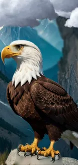 Majestic eagle perched with mountains and skies in the background.