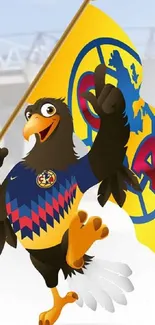 Eagle mascot holding a colorful flag in a dynamic pose.