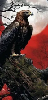 Eagle perched on tree under full moon with red sky.