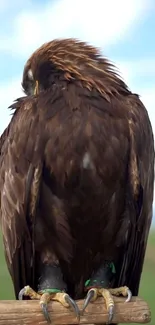 Golden eagle perched with brown feathers against sky.