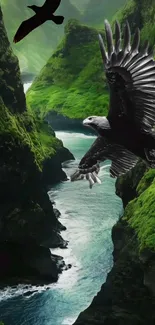An eagle soaring over a green canyon with a river below.