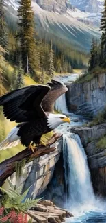 Eagle flying over a mountain waterfall with lush forest.