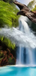 Eagle flying over a tropical waterfall with lush greenery and turquoise pool.