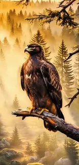 Eagle perched on a branch in scenic forest.