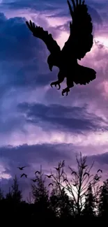 Silhouette of an eagle soaring against a twilight sky with clouds.