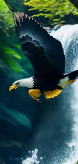 A majestic eagle soaring in front of a beautiful waterfall in nature.