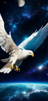 Eagle soaring in space over Earth with a starry sky.