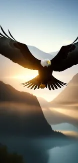 Eagle flying over mountains at sunrise with scenic view.