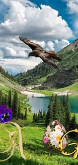 Eagle soaring over a beautiful green valley with mountains and a lake.