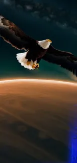 Majestic eagle soaring over Mars' reddish surface.