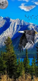 Eagle soaring over evergreen trees, blue mountains, and sky.