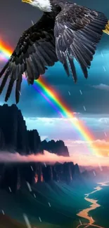 Eagle flying over a rainbow and mountains at sunset.