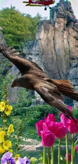 Eagle soaring over vibrant spring flowers and scenic landscape