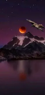 Eagle soaring over mountain landscape with a blood moon and starry sky.