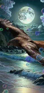 Eagle flying over a moonlit beach with bubbles.