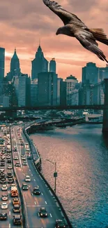 Eagle flying over a sunset cityscape with river and skyscrapers.