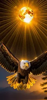 Eagle soaring under a fiery full moon.