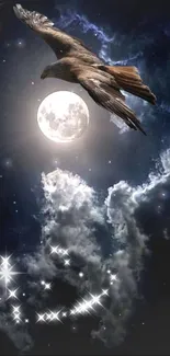 Eagle soaring against a starry night sky with a radiant full moon.