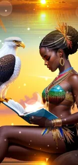 Woman reading book at sunset with eagle in vibrant tropical setting.