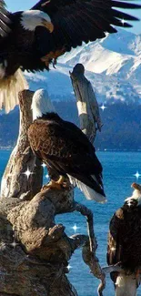 Eagles perched on driftwood by snowy mountains.