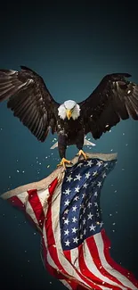 Majestic eagle holding an American flag on a dark background.