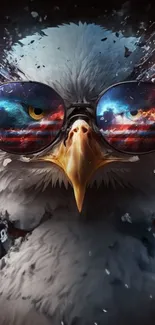 Eagle wearing sunglasses with a colorful reflection.