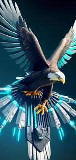 Eagle with futuristic metal wings glows on dark background.