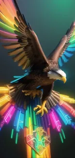 Eagle with spread neon rainbow wings in flight over vibrant backdrop.