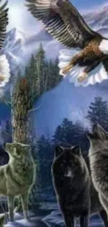 Majestic eagles and howling wolves in a vibrant forest scene wallpaper.