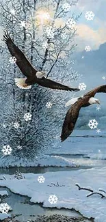 Two majestic eagles flying over a snowy, serene landscape.