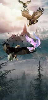 Eagles soaring over a mystical mountain landscape with a castle.