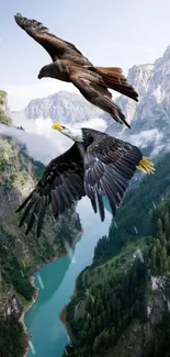 Two eagles flying over a lush, misty canyon landscape.