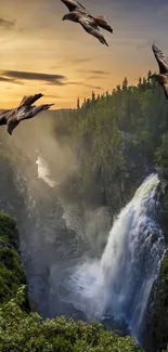 Eagles soar above a scenic waterfall at sunset in a lush forest setting.