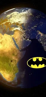 Mobile wallpaper of Earth with Batman logo in space.