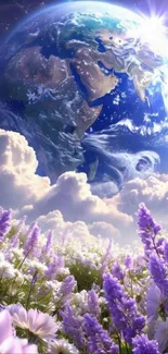 Earth above lush flower fields under a bright sky.