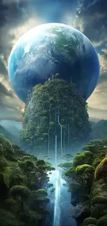 Fantasy Earth with lush forest and waterfall in vibrant blue tones.