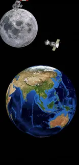 Earth and moon with astronaut and satellite wallpaper.