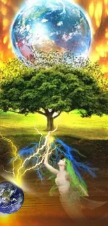 Mystical woman summoning lightning under a tree with Earth in background.