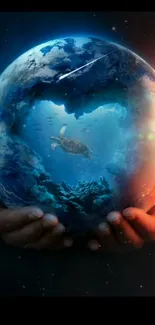 Hands hold Earth with underwater view and turtle.