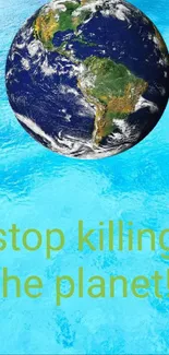 Globe over ocean with "stop killing the planet!" text.