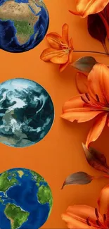 Earth globes and orange lilies on vibrant background.