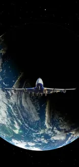 Plane flying over Earth, space background